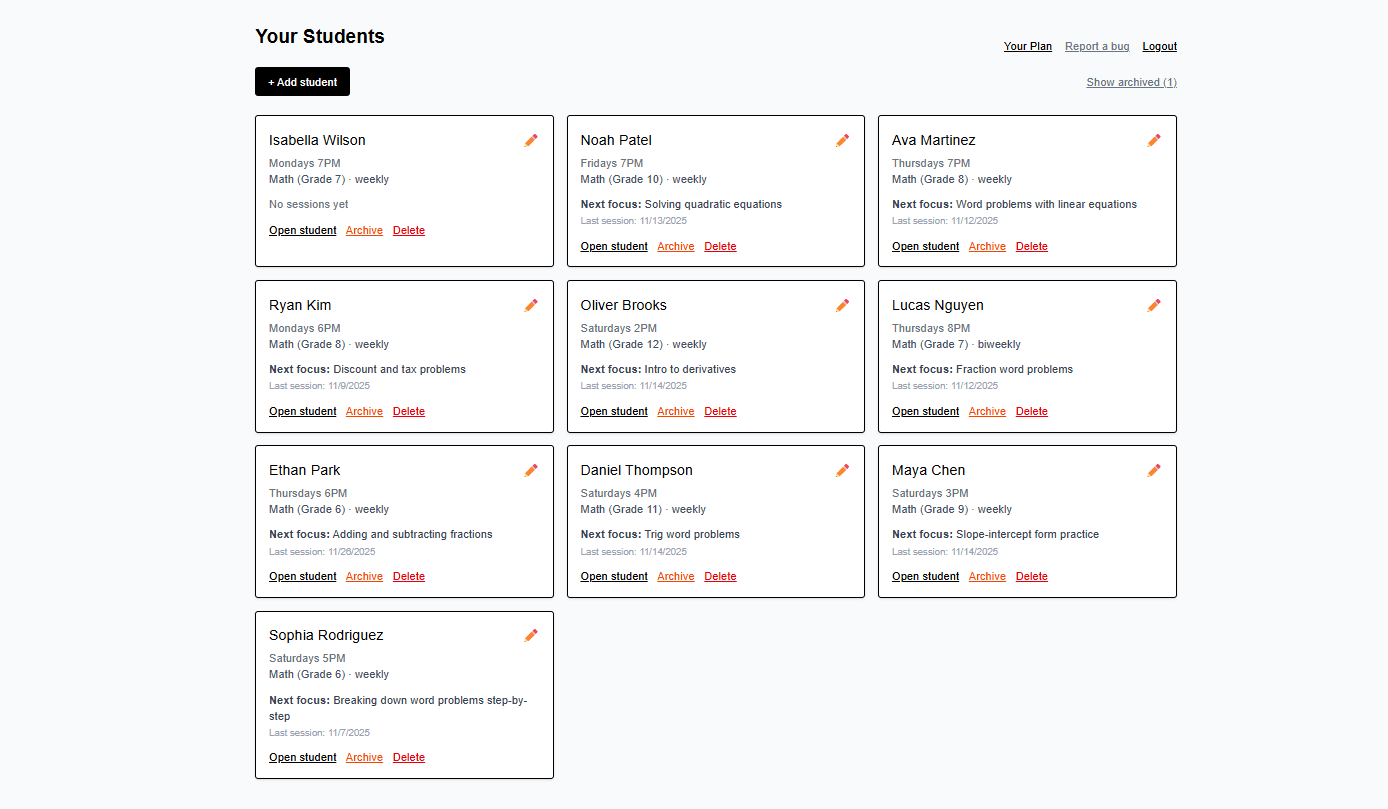 Tutor dashboard showing students and next session focus