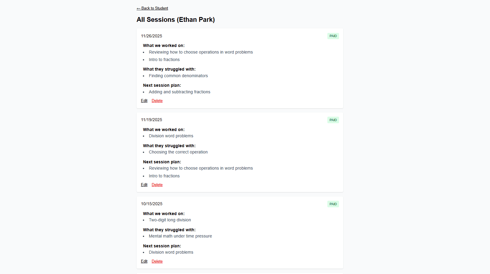 Session history showing progress over time