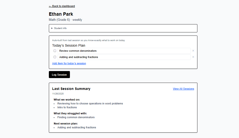 Student page with today's plan and session notes
